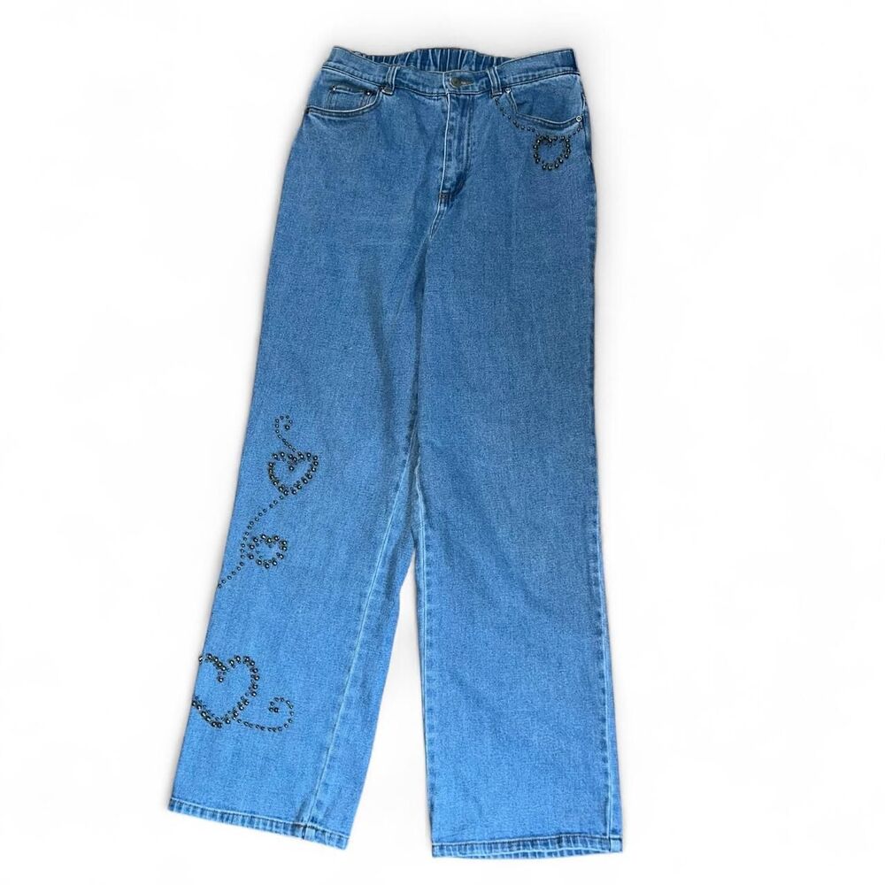 Vintage 1990s Quacker Factory Women's Blue Beaded Heart Straight Jeans SZ M